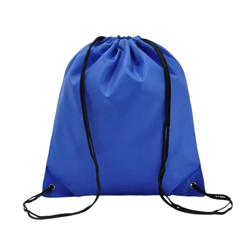 Blue waterproof nylon drawstring gym backpack with black cords and metal eyelets from 5-pack set