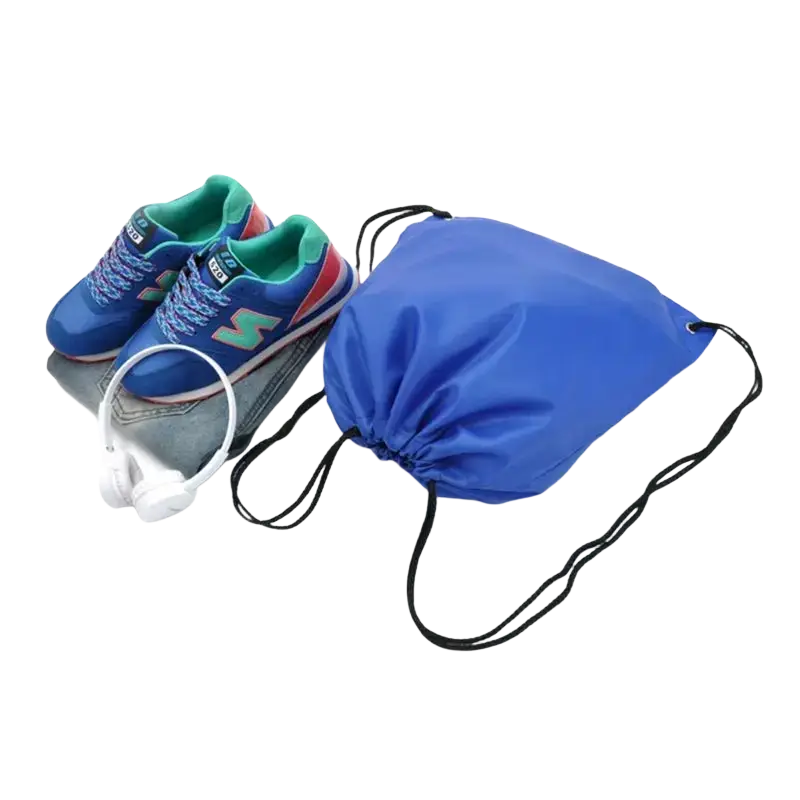 Blue waterproof nylon drawstring gym backpack with black cords shown from the back side in a 5-pack set