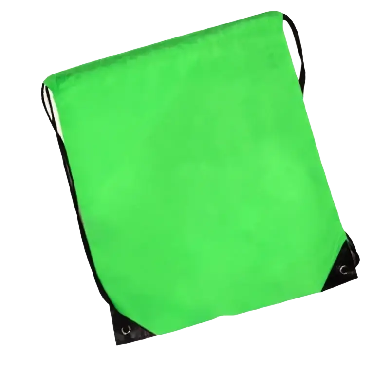 Bright green waterproof nylon drawstring gym backpack with black trim and reinforced corners in 5 pack