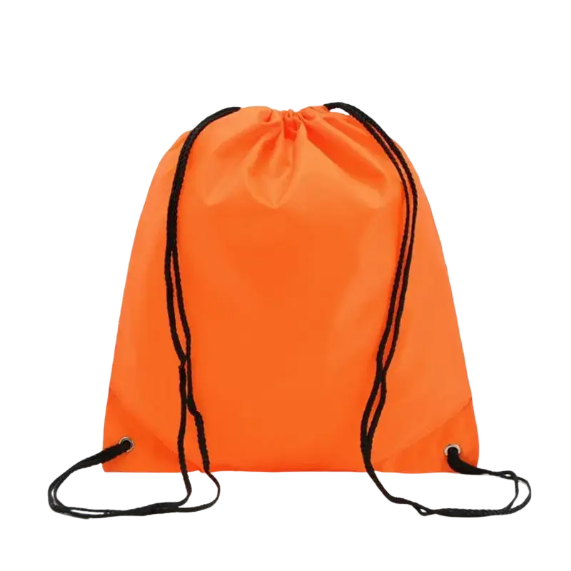 Bright orange waterproof nylon drawstring gym backpack with black cords and metal eyelets shown from the back side