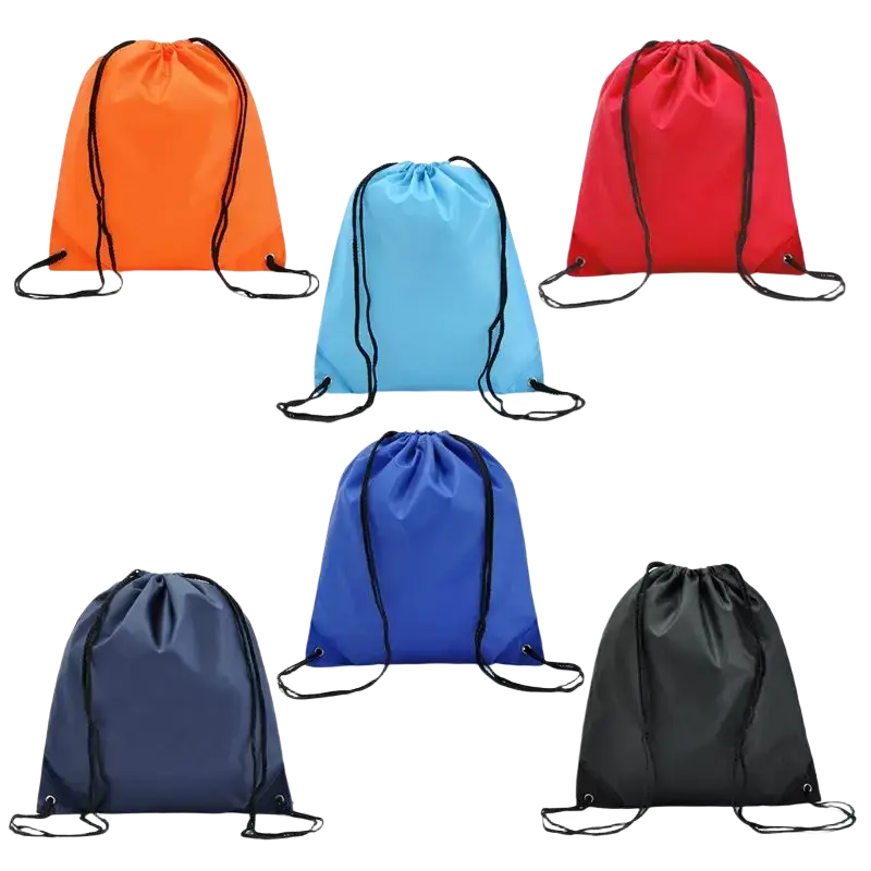 Five waterproof nylon drawstring gym backpacks in orange light blue red navy blue and black with black cords