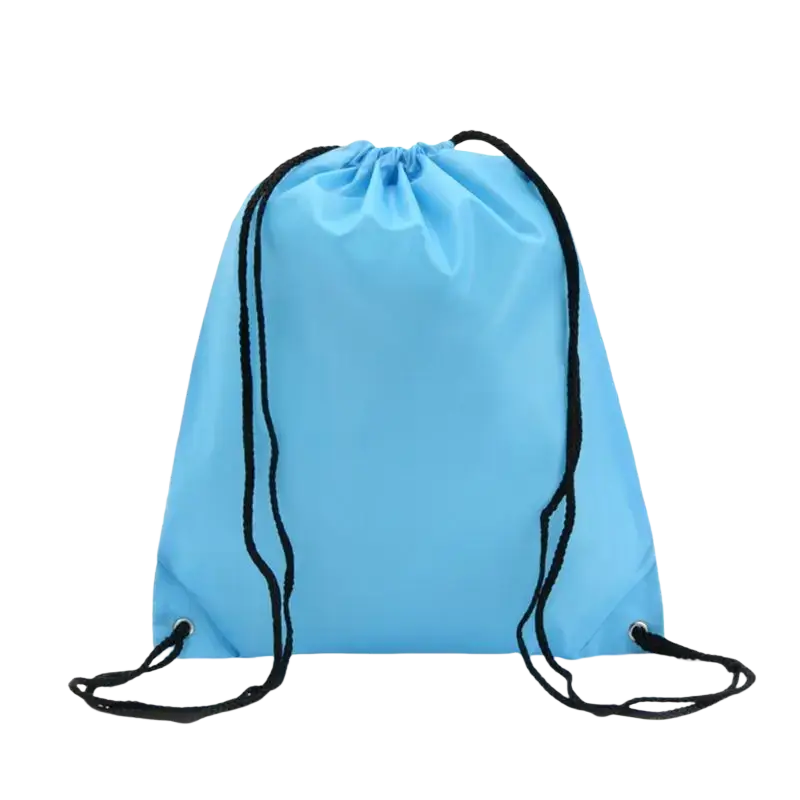 Light blue waterproof nylon drawstring gym backpack with black cords shown from the back side