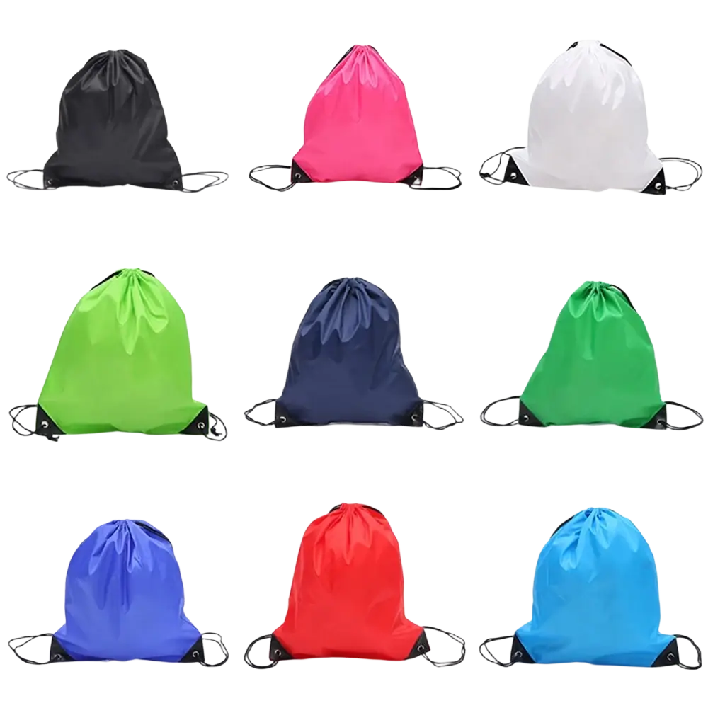 Nine vibrant colored waterproof nylon drawstring gym backpacks including black pink white green navy blue red and light blue