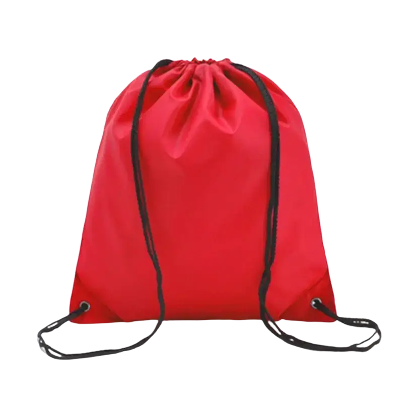 Red drawstring backpack with black cords metal eyelets made of waterproof nylon for gym use in a 5-pack set