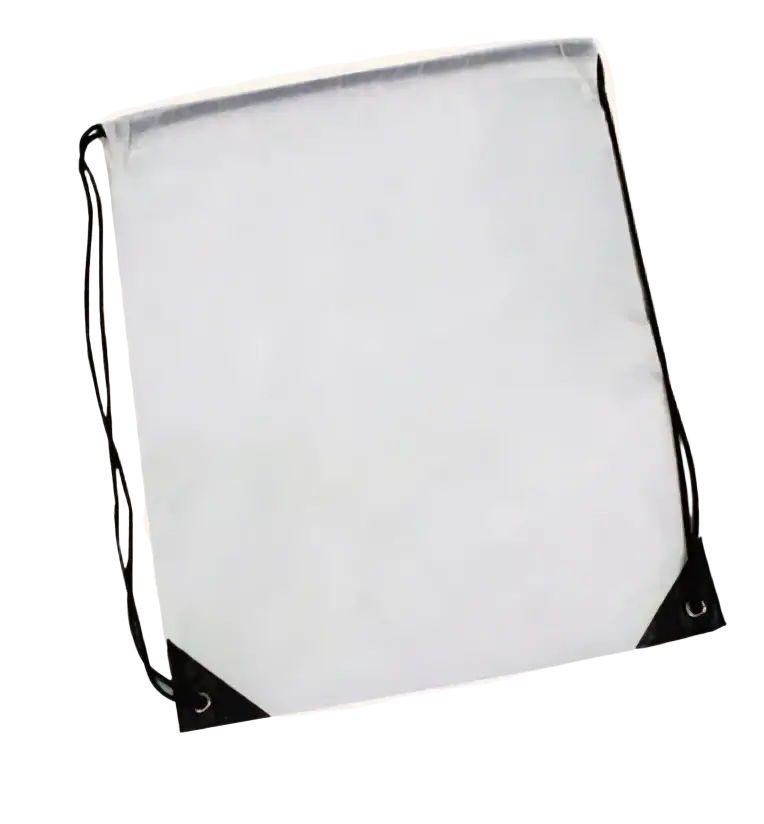 White waterproof nylon drawstring backpack with black trim and corner reinforcements for gym use