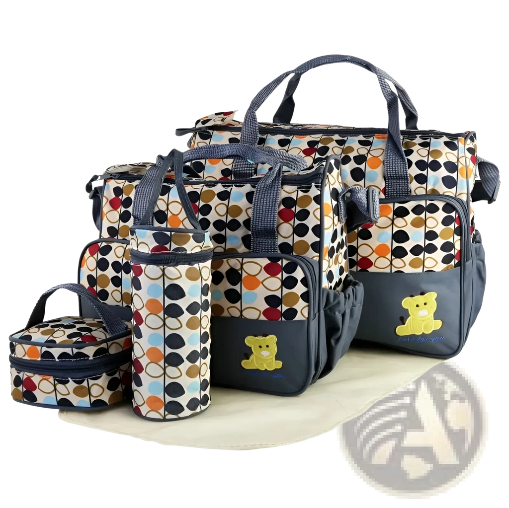 Multicolored circular patterned 5 piece baby diaper travel bag set with navy accents and embroidered yellow bear appliqués