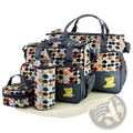 Multicolored circular patterned 5 piece baby diaper travel bag set with navy accents and embroidered yellow bear appliqués