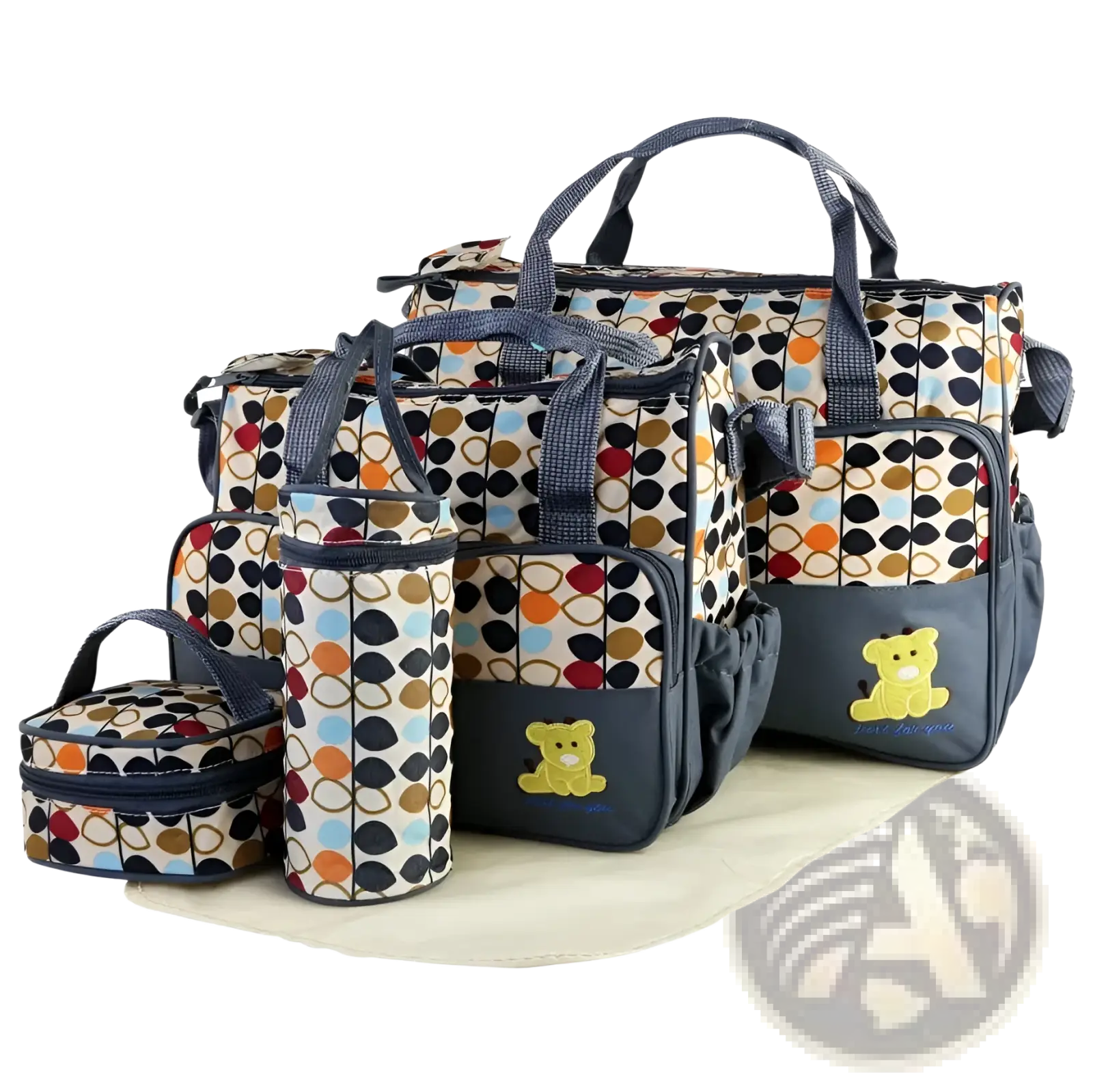 Multicolored circular patterned 5 piece baby diaper travel bag set with navy accents and embroidered yellow bear appliqués
