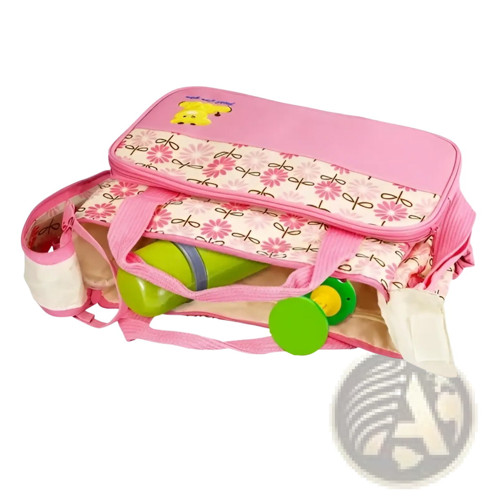 Pink floral-patterned baby changing bag with soft fabric and sturdy handles from 5 piece bear appliqué diaper set