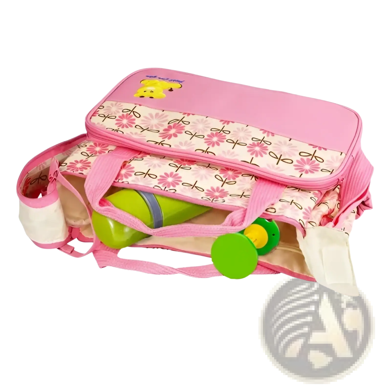Pink floral-patterned baby changing bag with soft fabric and sturdy handles from 5 piece bear appliqué diaper set