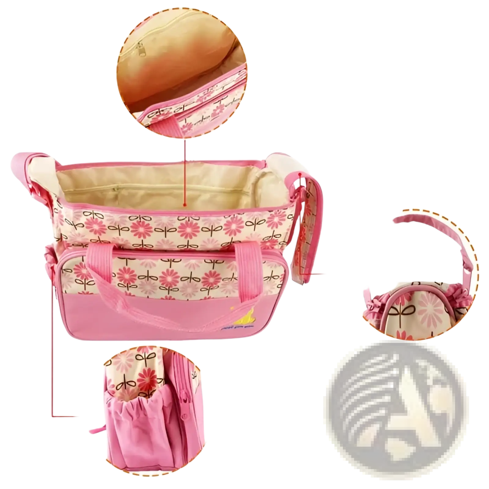 Pink floral-patterned baby changing bag with dual-zipper closure and side pocket from 5 piece bear appliqué diaper set