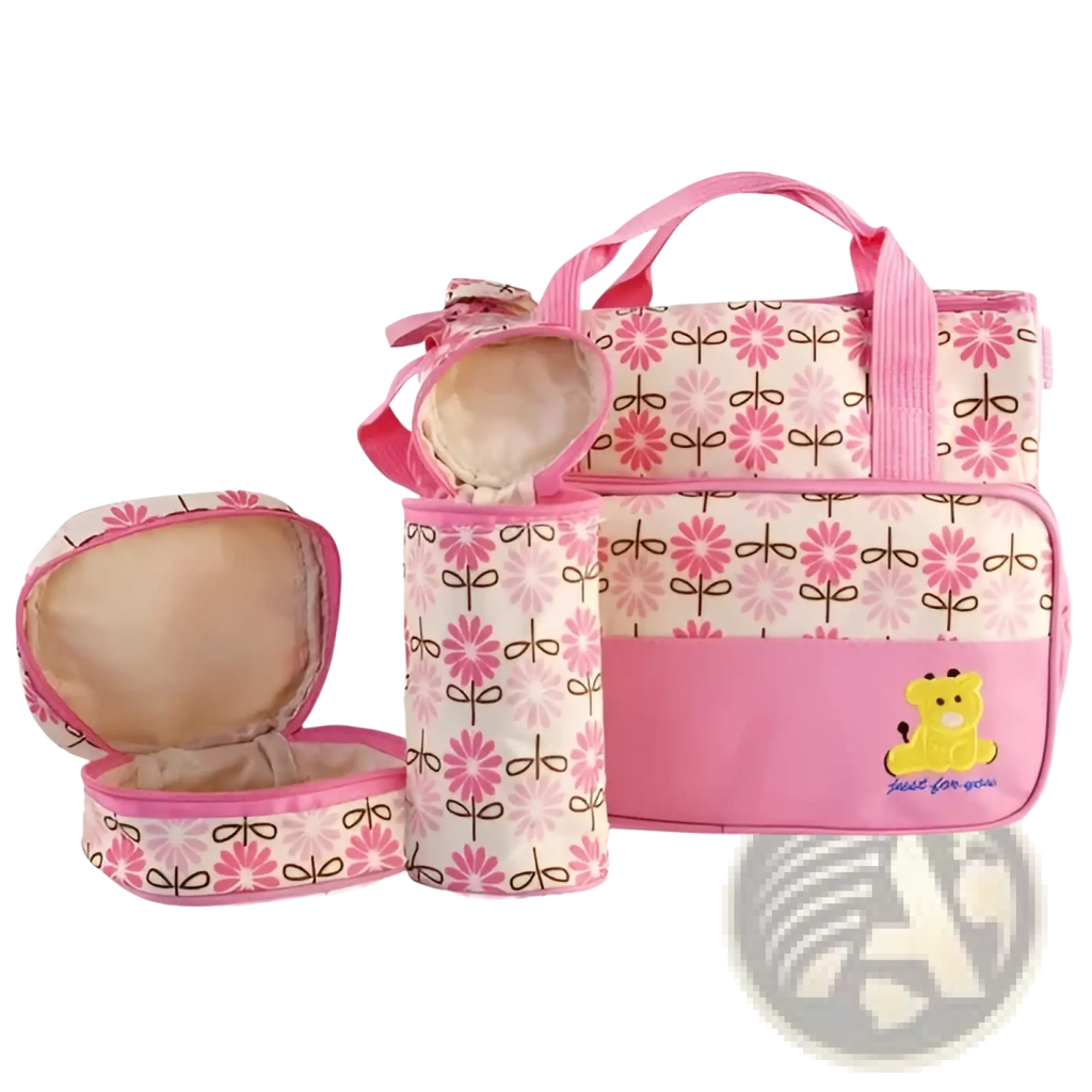 Pink floral-patterned 5 piece baby diaper travel bag set with yellow bear appliqué for organizing essentials