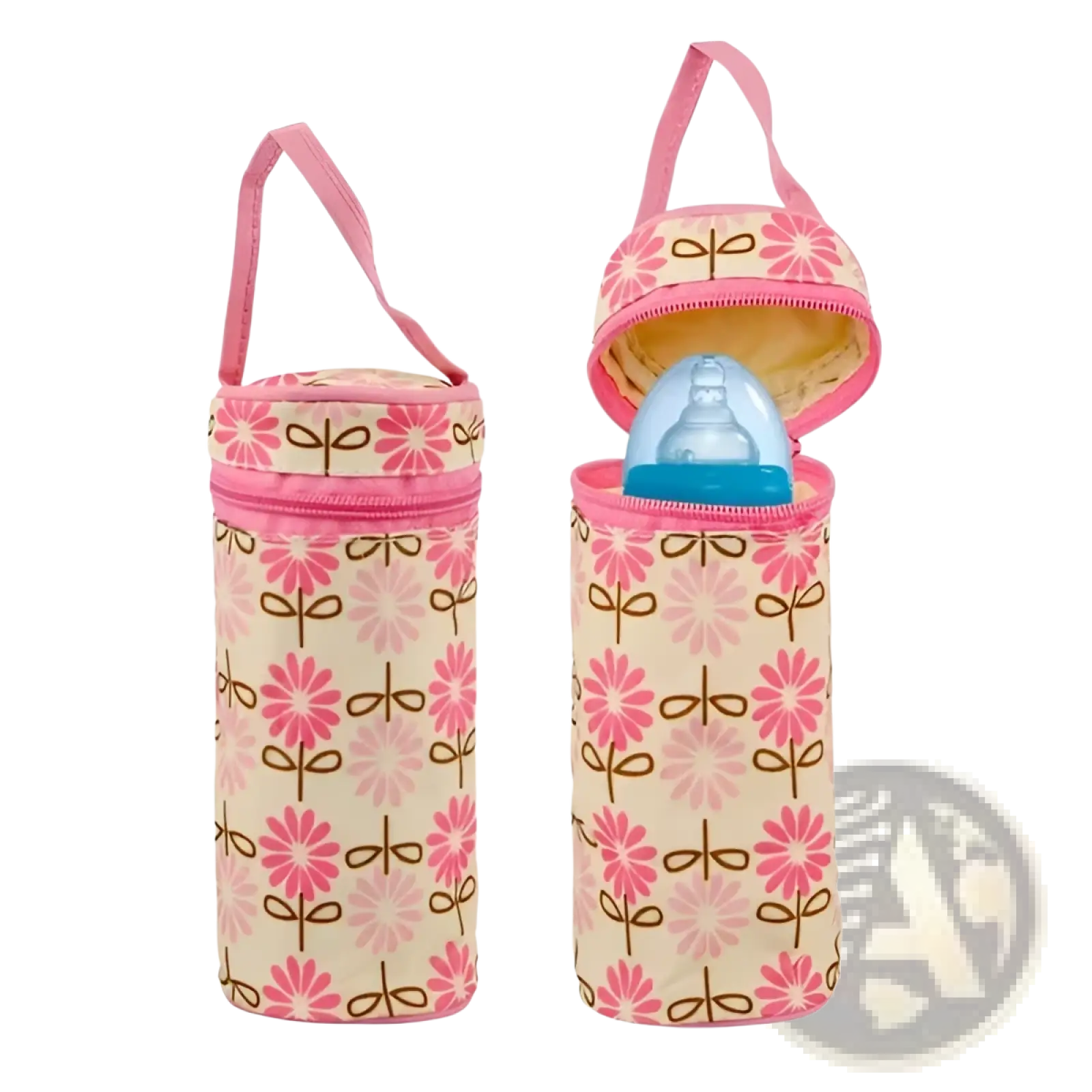 Pink and beige floral insulated bottle carrier with brown bow accents from 5 piece bear appliqué baby diaper travel bag set