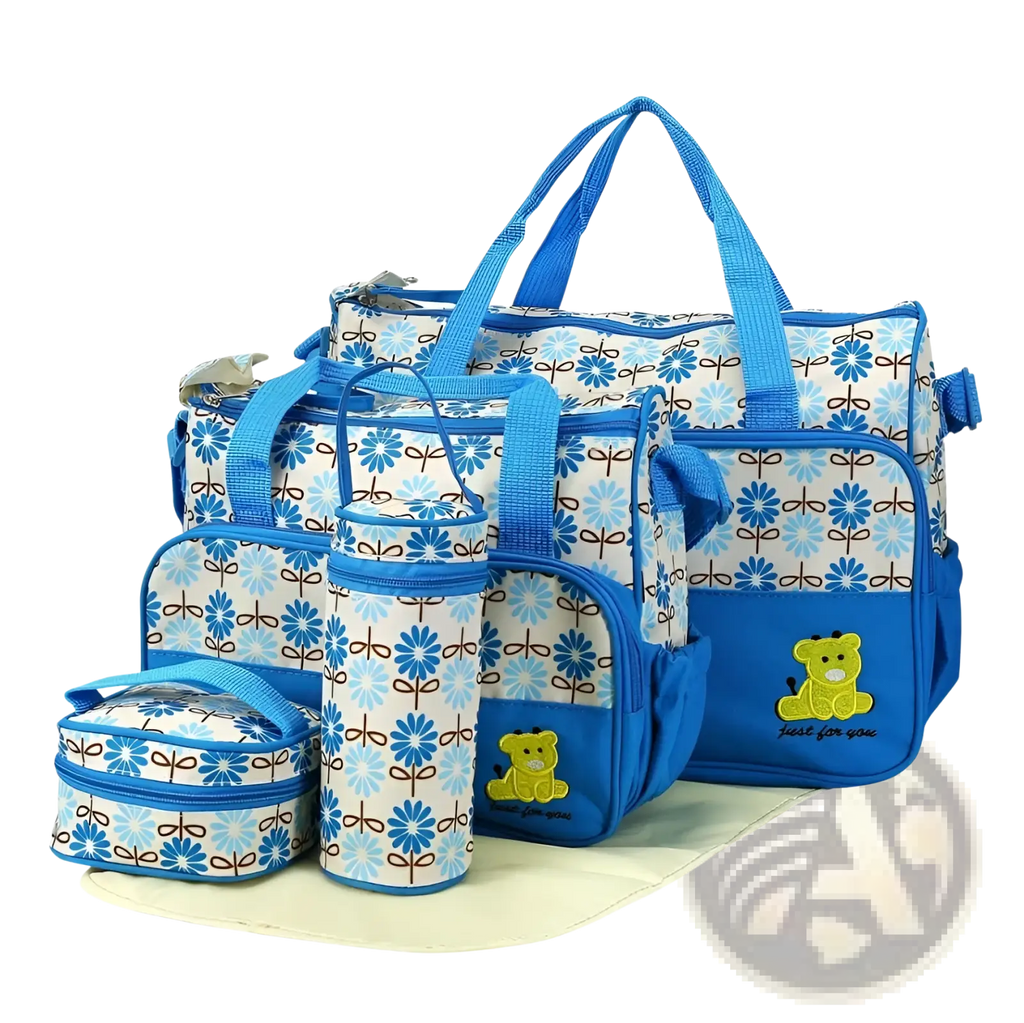 Blue floral-patterned 5 piece bear appliqué baby diaper travel bag set with yellow teddy bear and matching blue handles