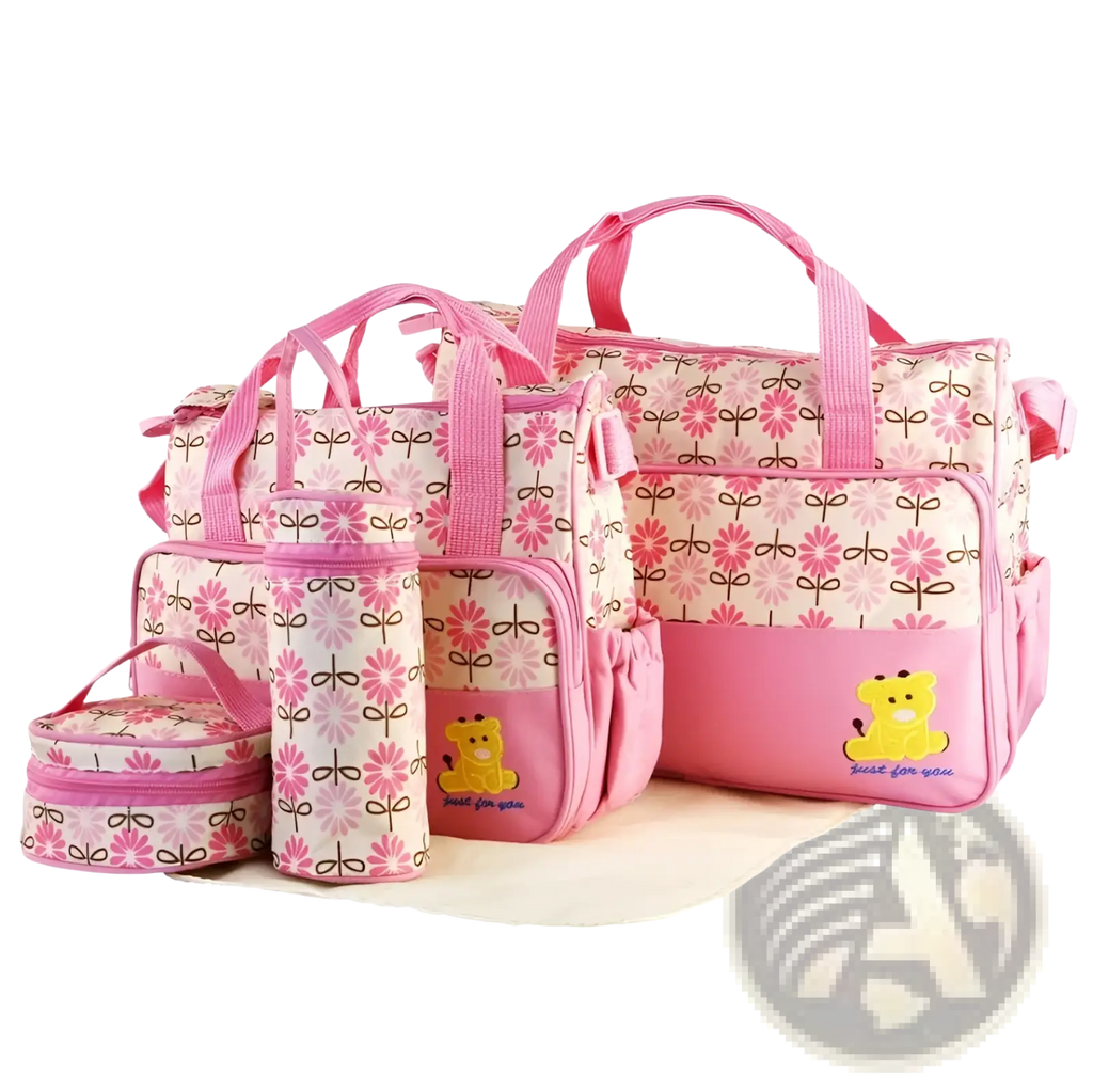 Pink floral-patterned 5 piece baby diaper travel bag set with yellow bear appliqué on main bag for convenient use