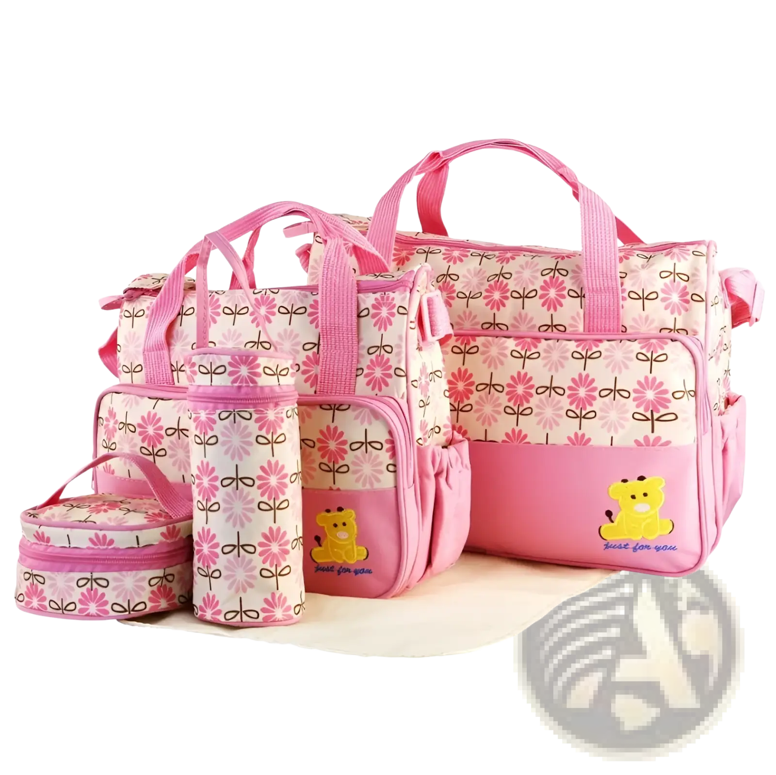 Pink floral-patterned 5 piece baby diaper travel bag set with yellow bear appliqué on main bag for convenient use