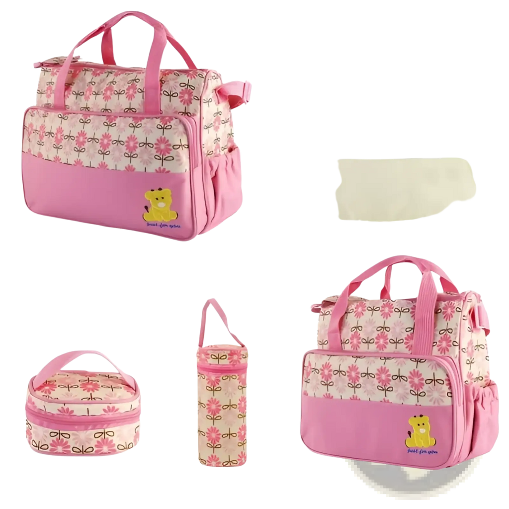 Pink and beige floral-patterned baby diaper travel bag with yellow bear appliqué in 5 piece baby diaper set