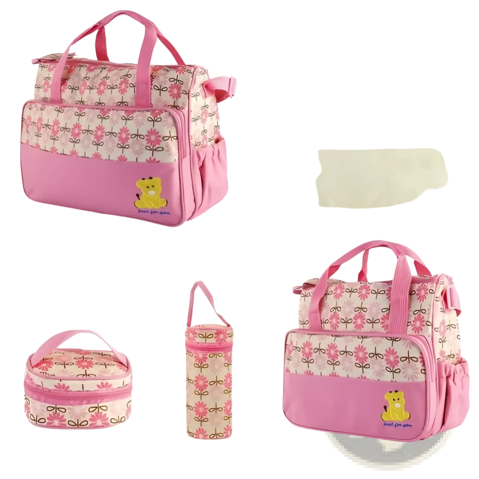 Pink and beige floral-patterned baby diaper travel bag with yellow bear appliqué in 5 piece baby diaper set