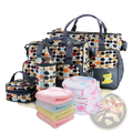 Patterned 5-piece floral water-resistant baby diaper bag travel set with navy blue handles and multicolored circles on white