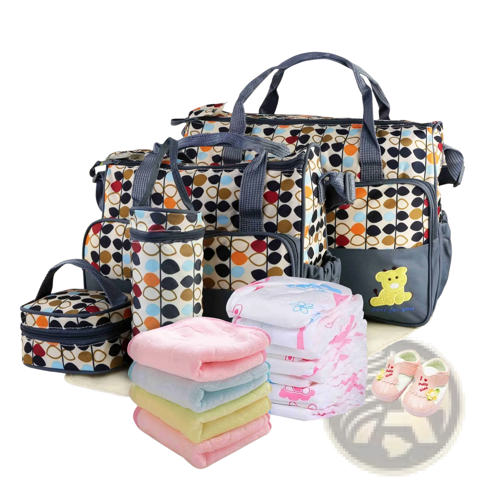 Patterned 5-piece floral water-resistant baby diaper bag travel set with navy blue handles and multicolored circles on white