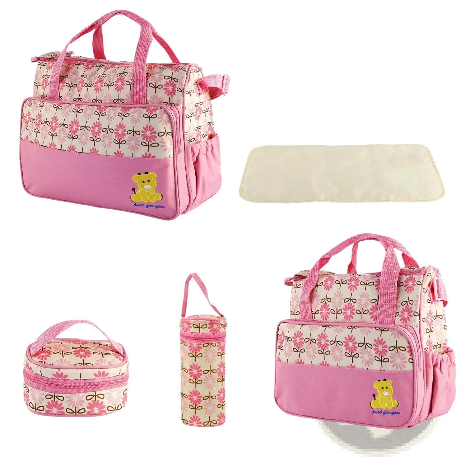 Pink floral-patterned water-resistant baby diaper bag with a yellow bear appliqué and matching pink handles