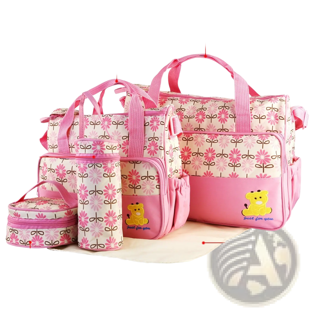 Pink floral-patterned 5-piece baby diaper bag travel set with water-resistant material and yellow bear appliqué on front