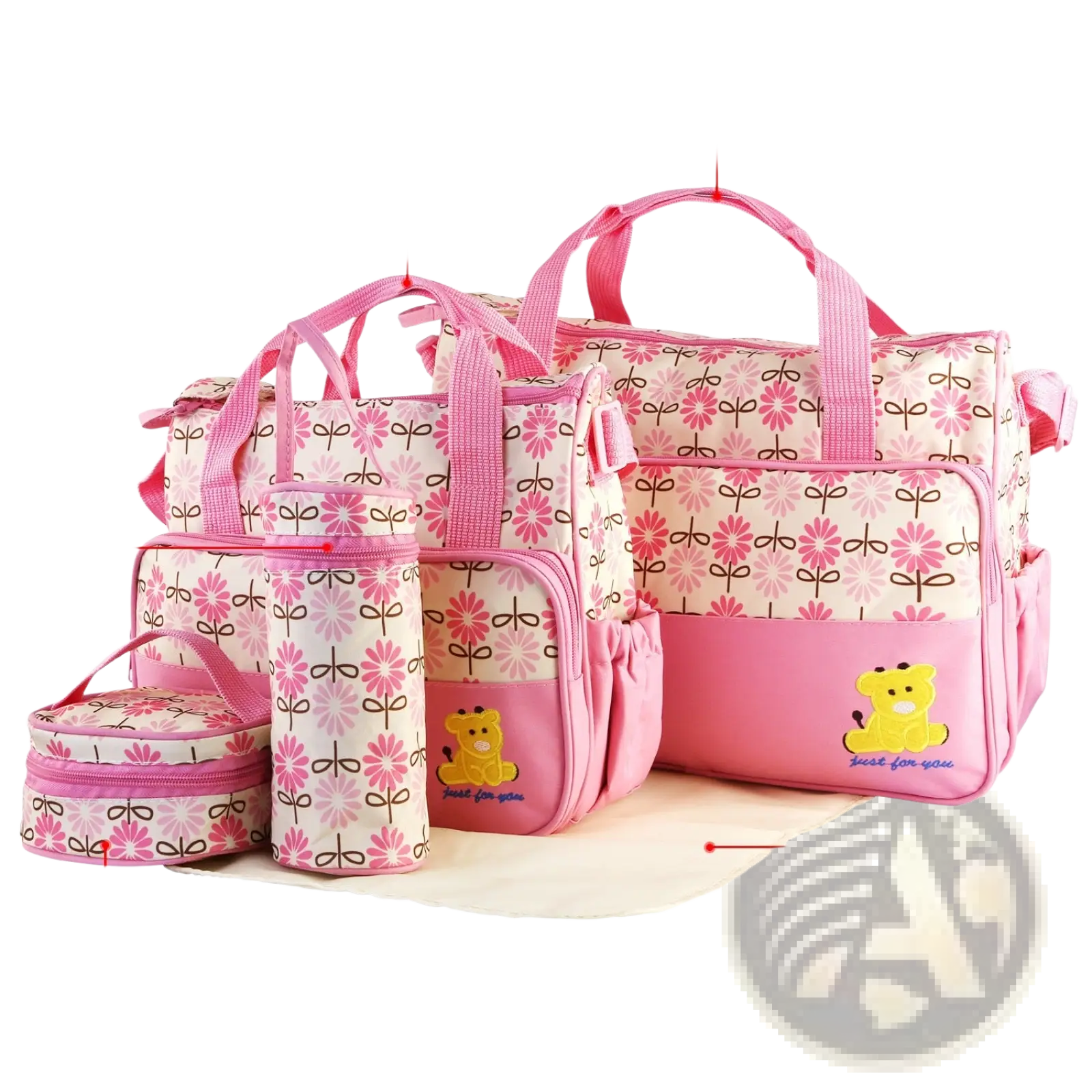 Pink floral-patterned 5-piece baby diaper bag travel set with water-resistant material and yellow bear appliqué on front