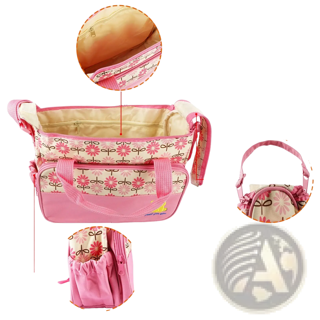 Pink floral-patterned water-resistant baby diaper bag with beige interior and dual-zipper closure travel set