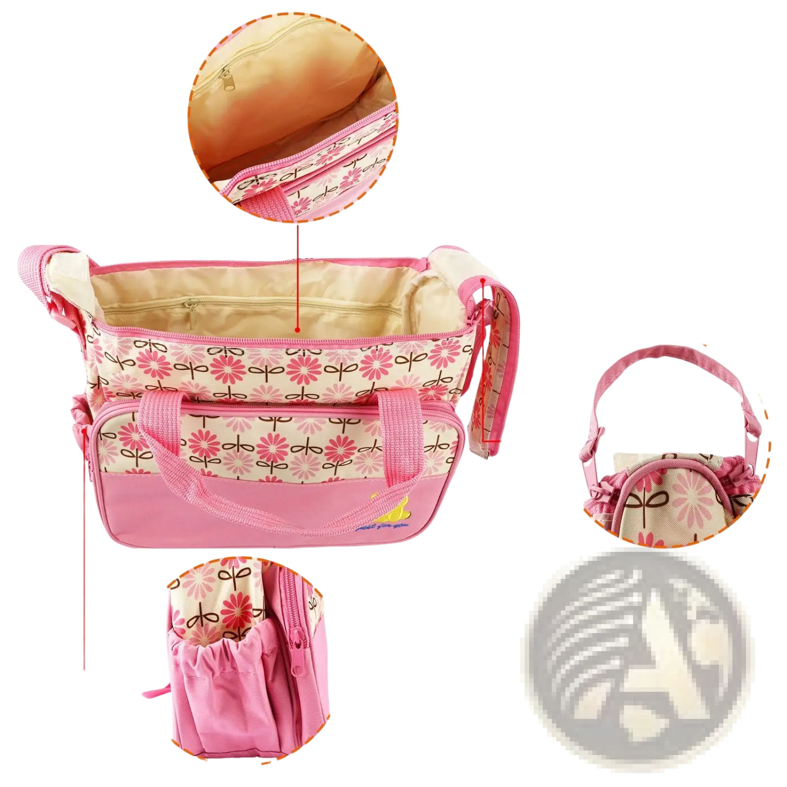 Pink floral-patterned water-resistant baby diaper bag with beige interior and dual-zipper closure travel set