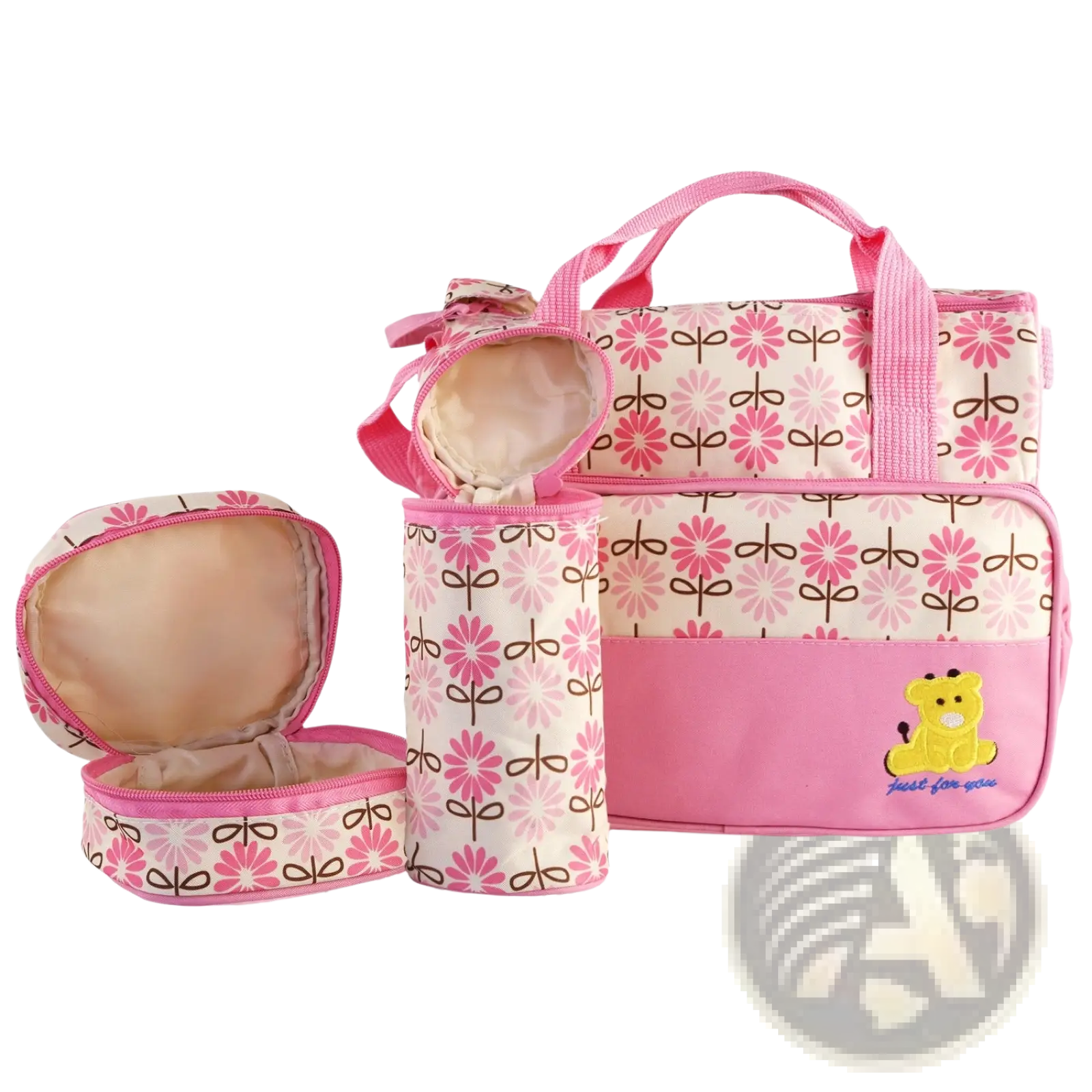 Pink and cream floral-patterned maternity bag set with yellow bear appliqué in 5-piece water-resistant diaper travel set