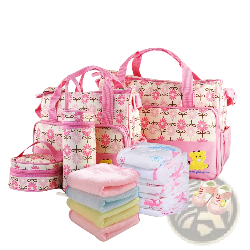 Pink floral-patterned baby diaper bag with matching handles and yellow bear appliqué in 5-piece travel set