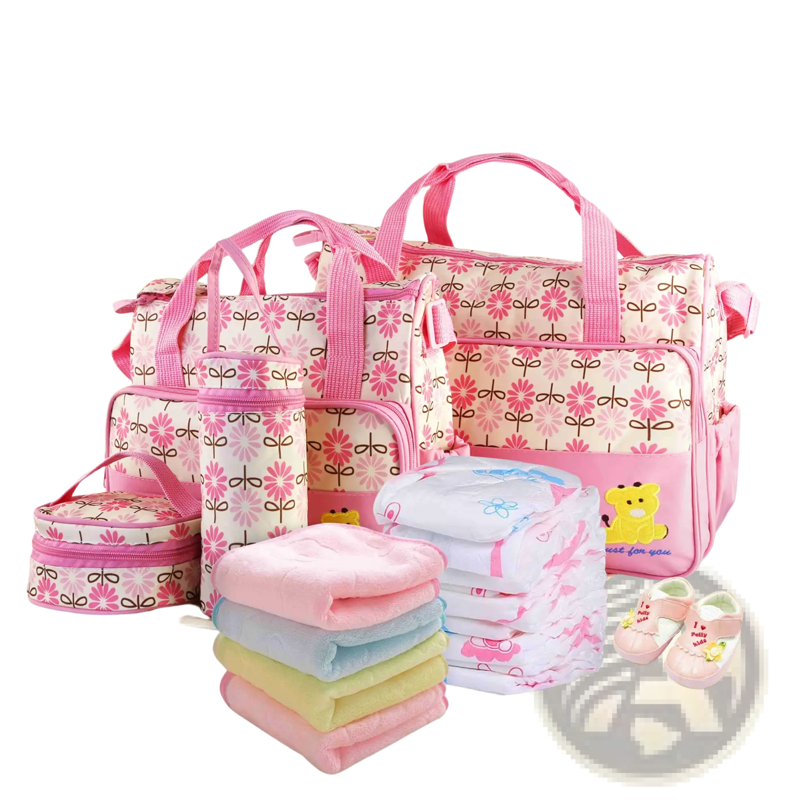 Pink floral-patterned baby diaper bag with matching handles and yellow bear appliqué in 5-piece travel set