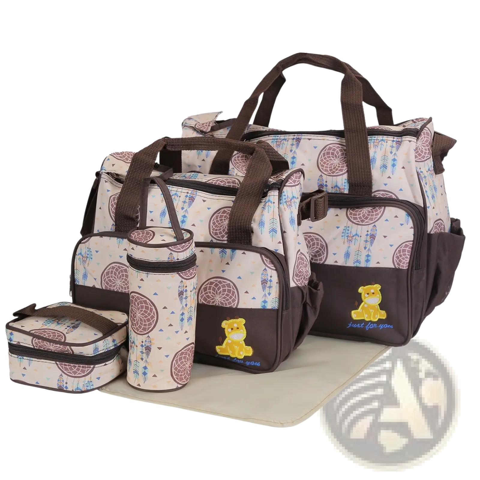 Beige and brown dreamcatcher themed 5 piece baby diaper bag set with embroidered yellow bear accents and travel accessories