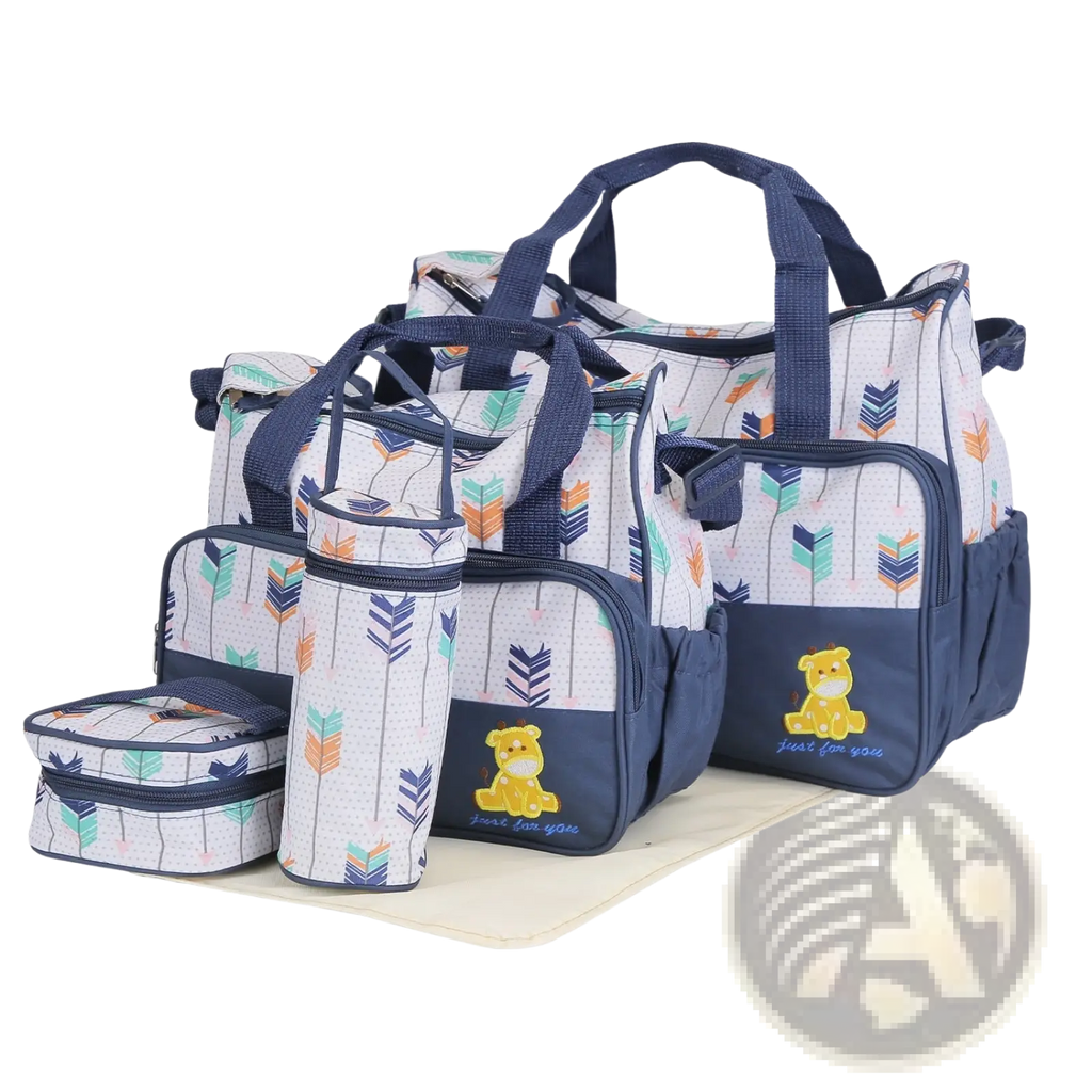 Five piece patterned baby diaper bag set in navy and white with colorful arrows yellow teddy bear appliqué and fabric handles