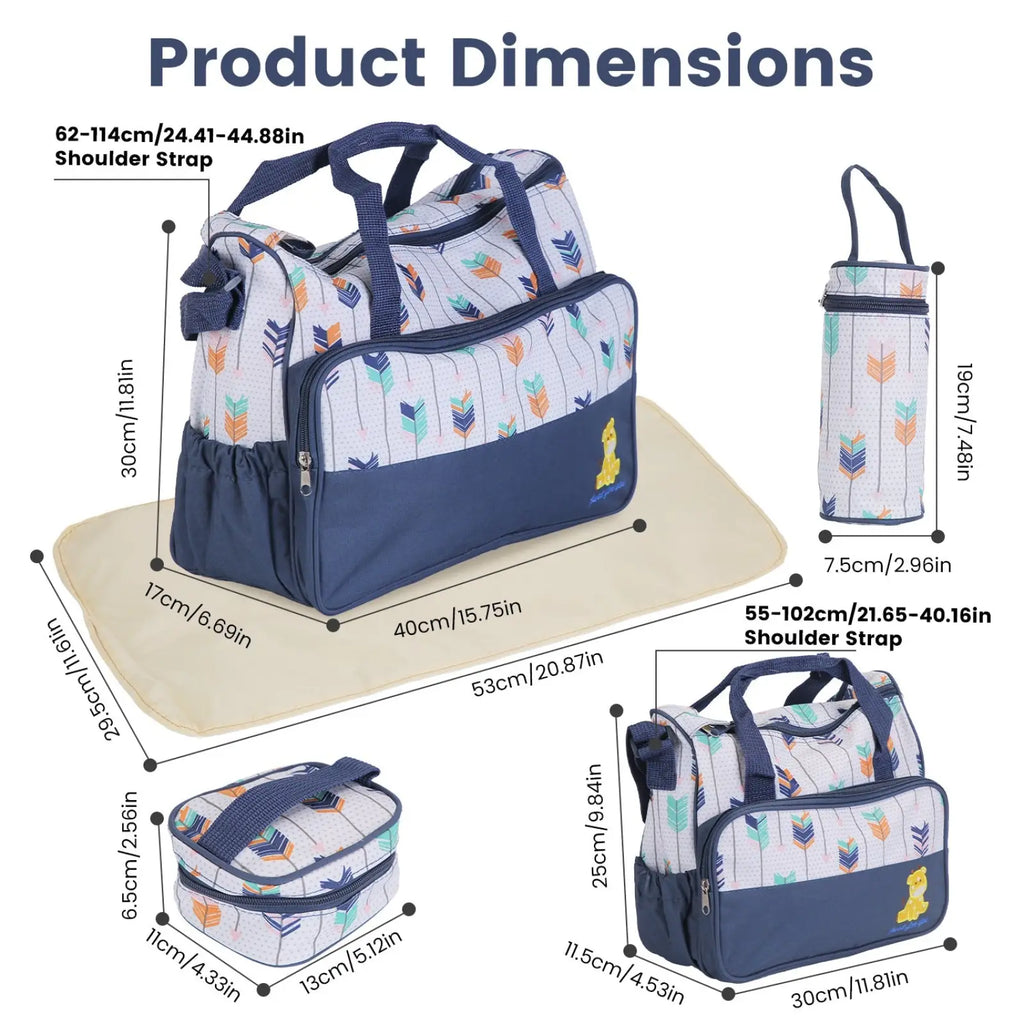 Blue and white patterned diaper bag with colorful feather design and yellow bear emblem in 5 piece travel set