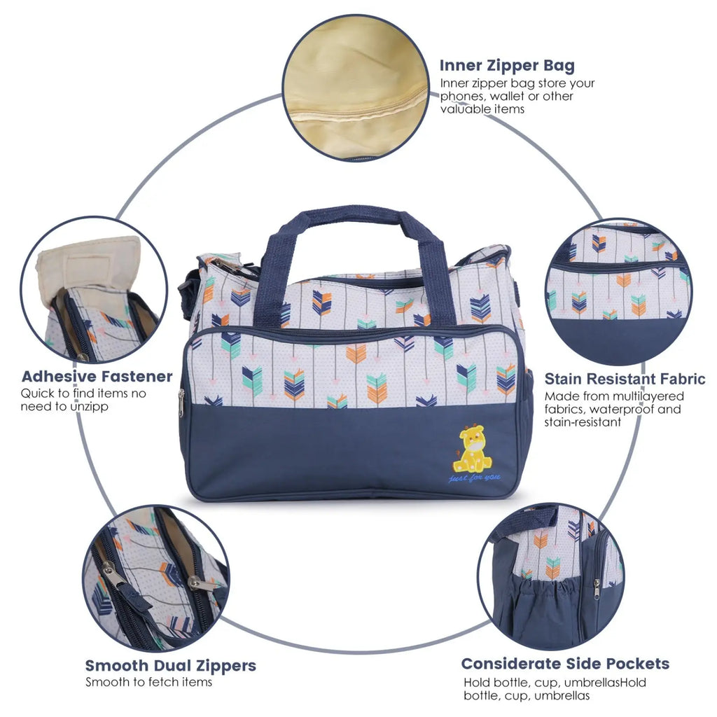 A navy blue and white patterned 5 piece baby diaper bag set with colorful arrows and a yellow bear emblem
