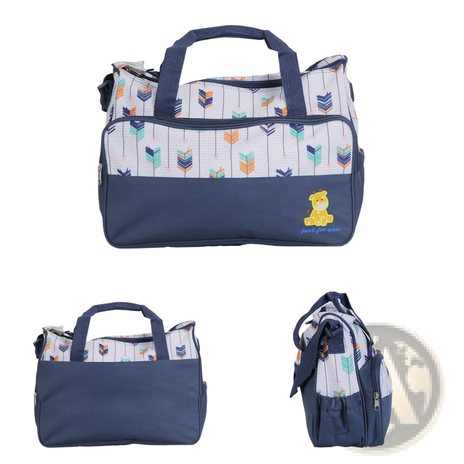 Navy blue and white patterned baby diaper bag with colorful arrow design and yellow teddy bear patch in 5 piece set