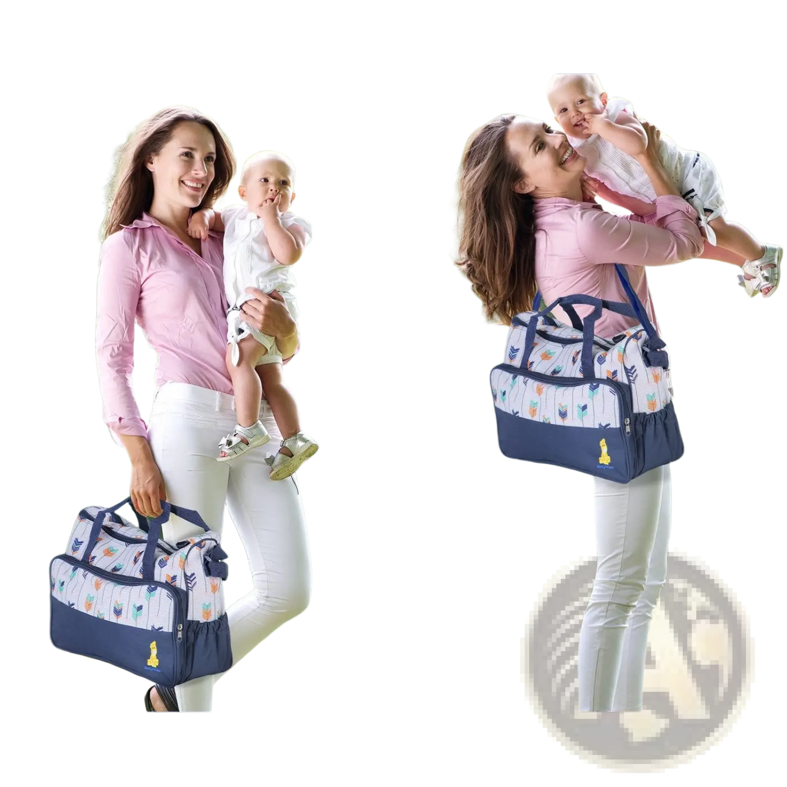 Navy blue and white patterned baby diaper bag with yellow duck design featuring handbag and shoulder strap options