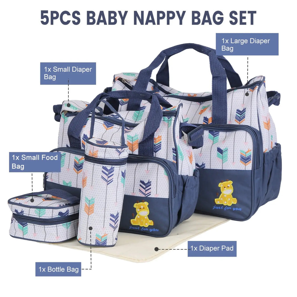 Navy blue and white arrow patterned 5 piece baby diaper bag set with embroidered yellow bear design and travel accessories
