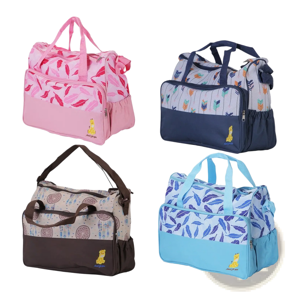 Five piece patterned baby diaper bag set with pink blue and brown feather designs and yellow giraffe emblem