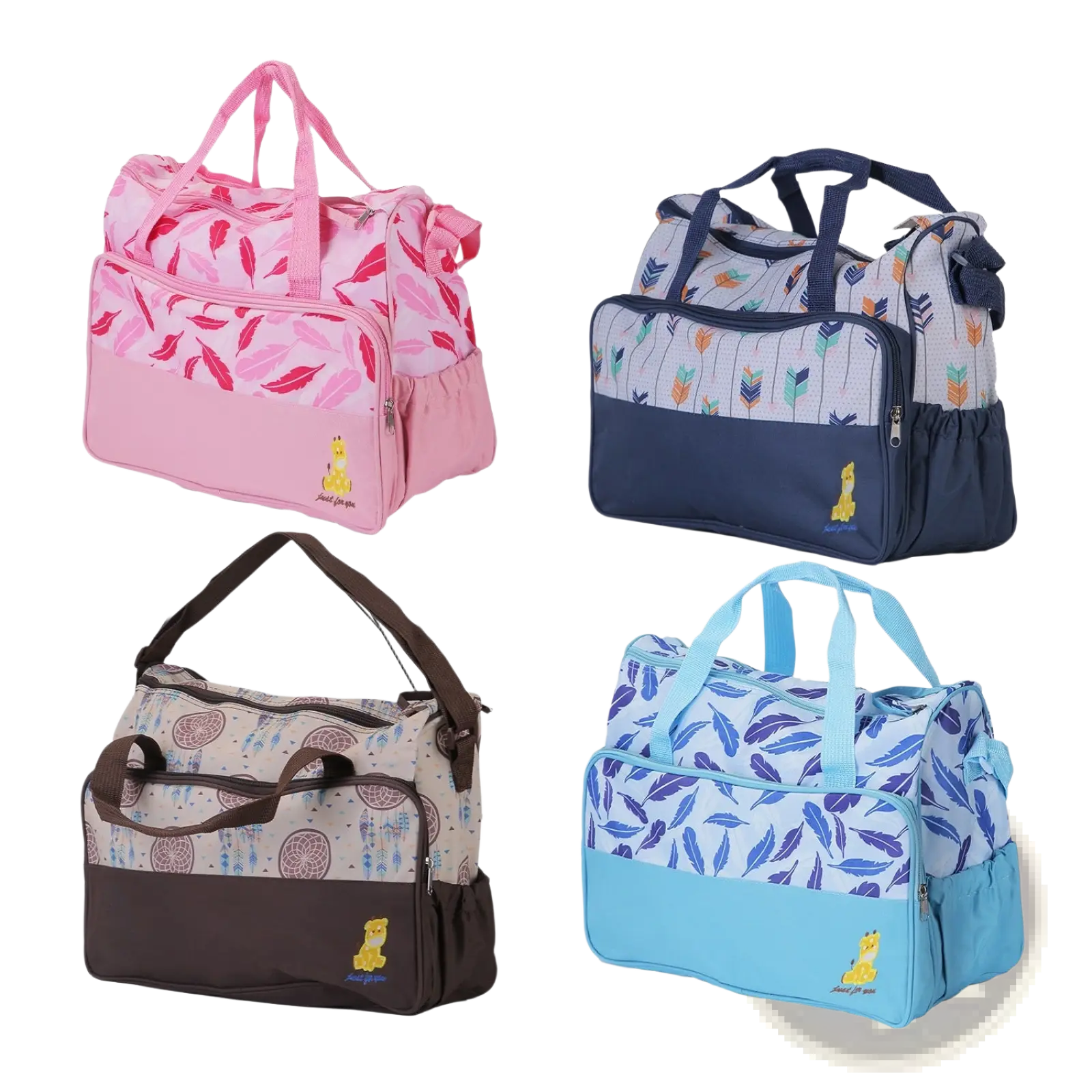 Five piece patterned baby diaper bag set with pink blue and brown feather designs and yellow giraffe emblem