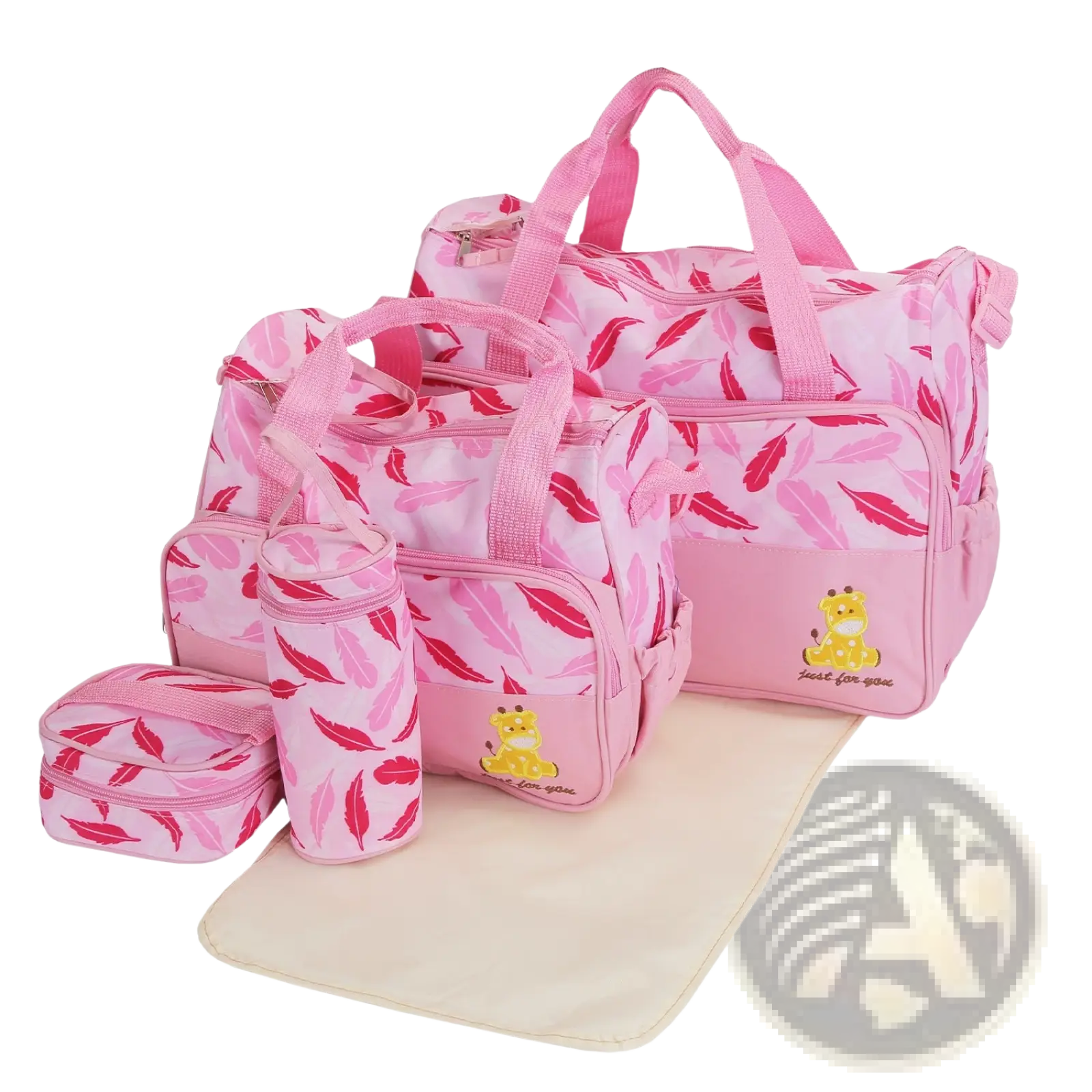 Pink feather-patterned 5 piece baby diaper bag set with yellow giraffe appliqué and travel accessories