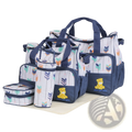 5-piece patterned diaper bag set with changing pad featuring navy white fabric, colorful arrows, yellow teddy bear appliqué, and sturdy handles