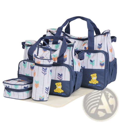 5-piece patterned diaper bag set with changing pad featuring navy white fabric, colorful arrows, yellow teddy bear appliqué, and sturdy handles