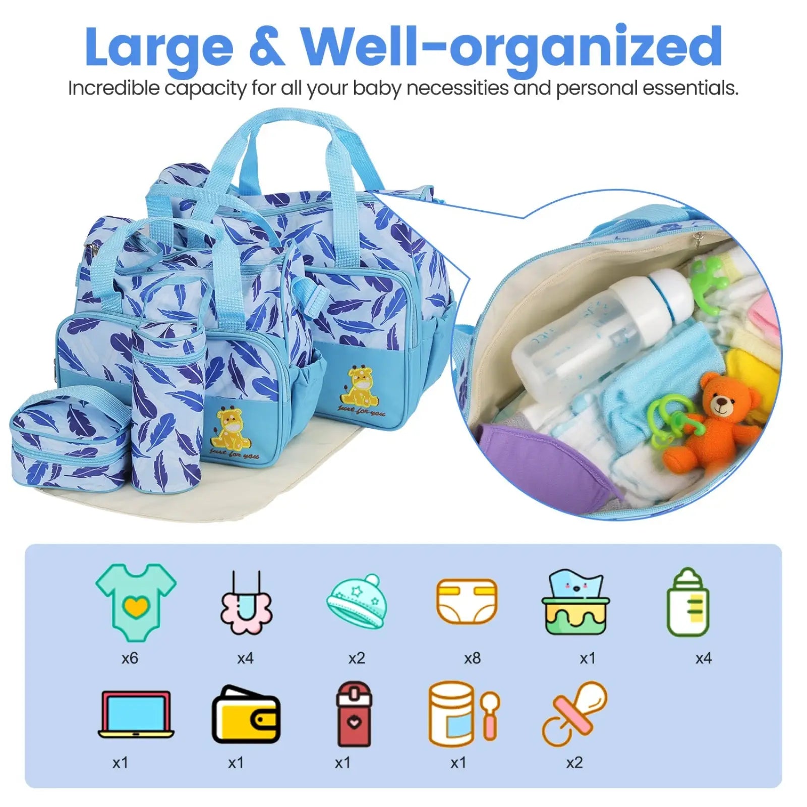 Blue leaf-patterned 5-piece diaper bag set with changing pad featuring a yellow bear patch and matching handles