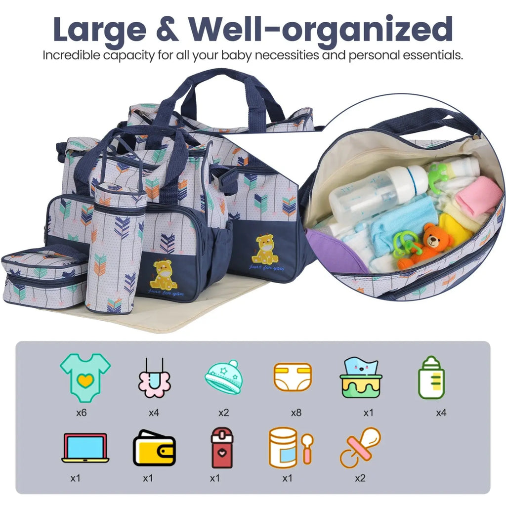 Navy blue and light gray patterned diaper bag set with embroidered teddy bear design and changing pad for babies