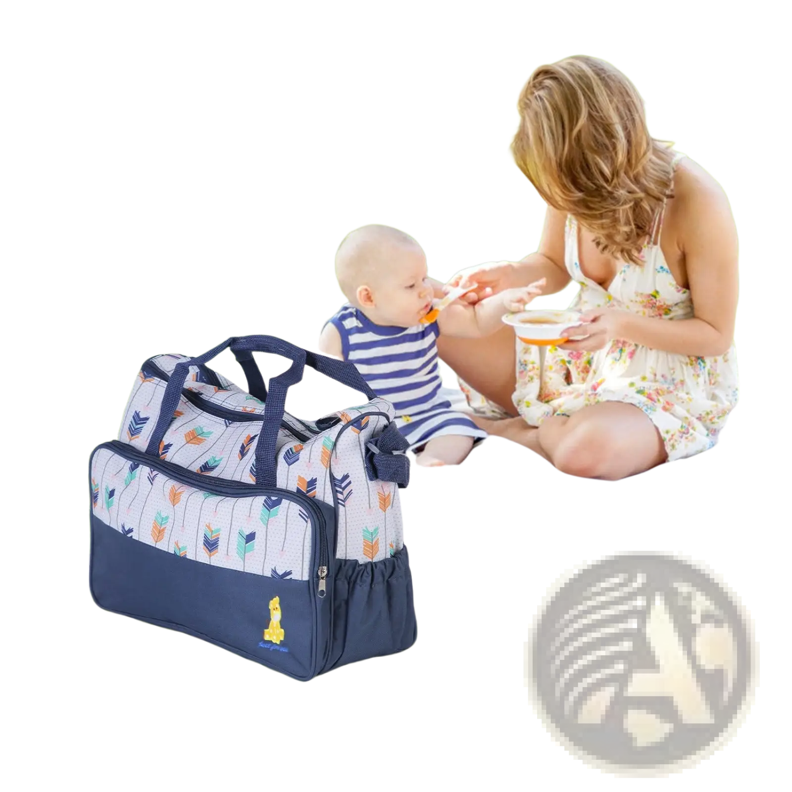 Navy blue and white patterned 5-piece diaper bag set with colorful feather design and yellow giraffe emblem including changing pad