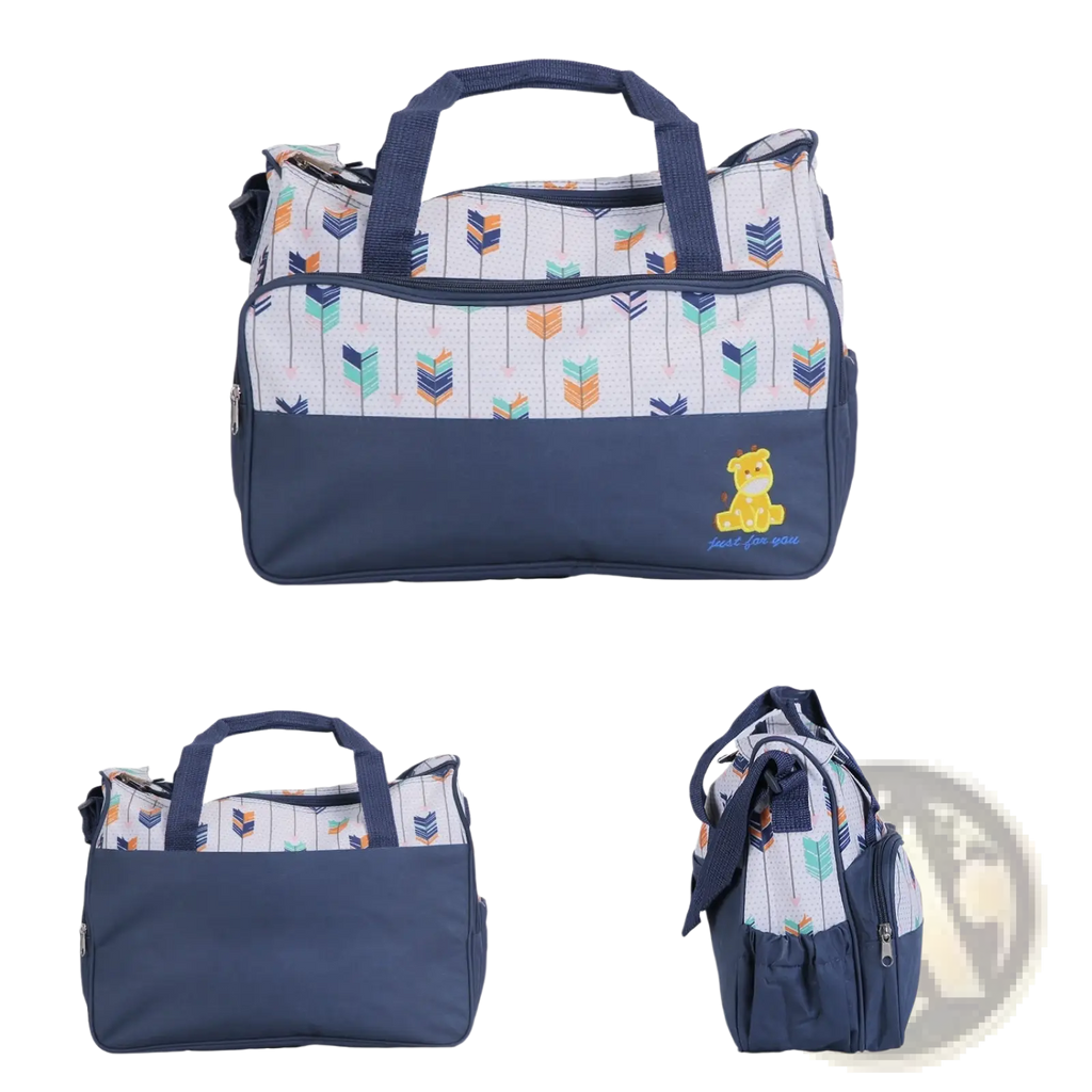 Navy blue and white patterned diaper bag with colorful arrow design and yellow teddy bear patch in 5-piece set