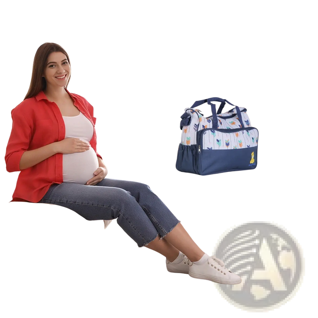 Blue and white patterned diaper bag with navy blue accents in a 5-piece set including changing pad for parents