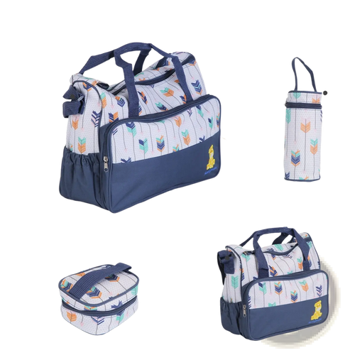 Blue and white patterned diaper bag with colorful feather design and yellow bear emblem in 5-piece set with changing pad